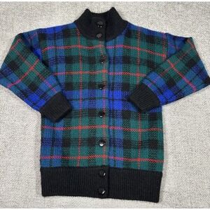 Vtg IB Diffusion Sweater Womens XS Plaid‎ Wool Mohair Blend Cardigan 80s 90s